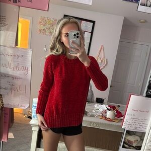 Pink Rose Red Crew Neck Sweater Cozy Knit